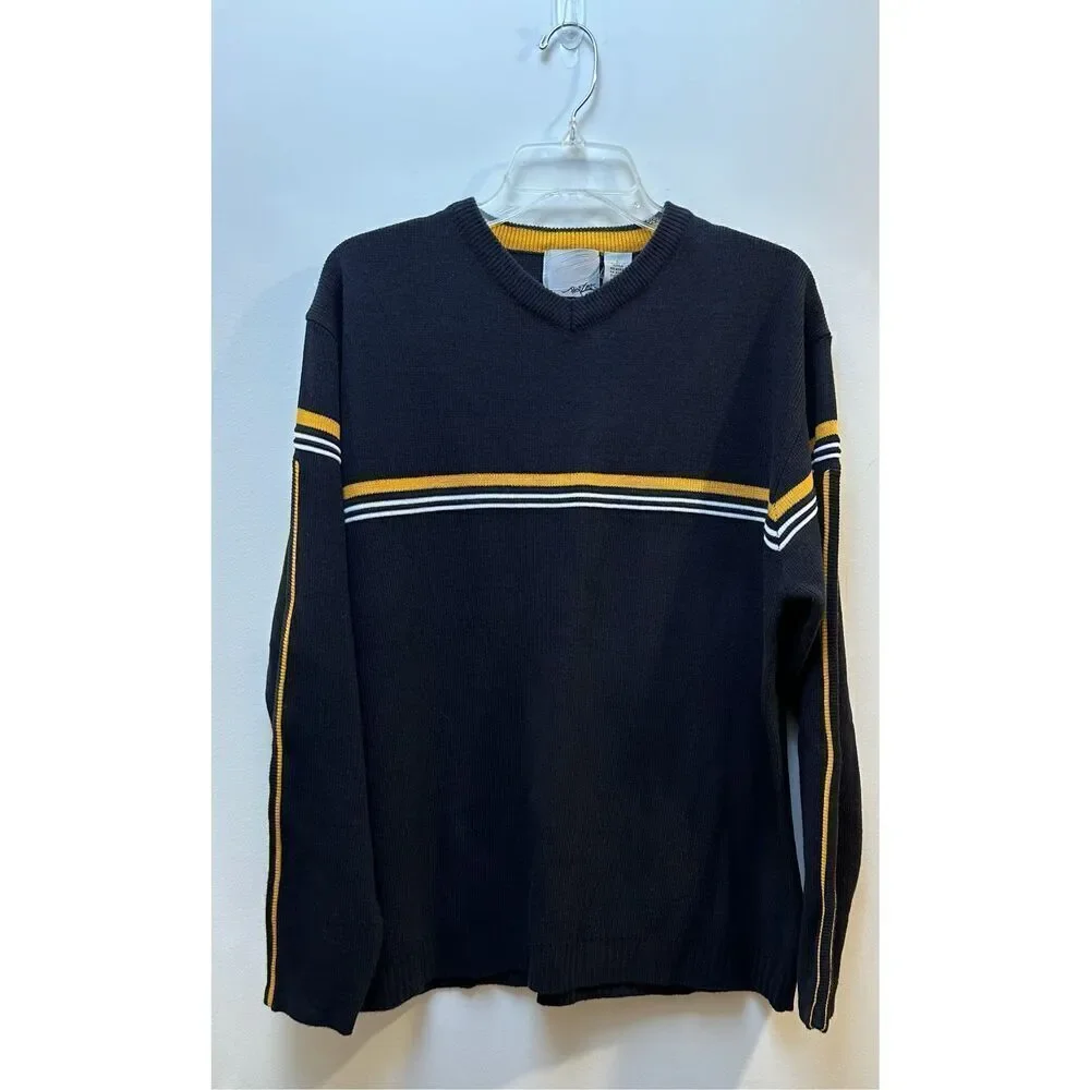 Point Zero Vtg mens navy v-neck sweater yellow white stripe size Large #39-1862 - Picture 1 of 4